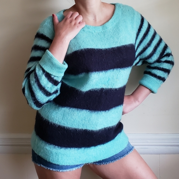 J. Crew Mint Green Navy Fuzzy Knit Pullover Sweater - Picture 9 of 10